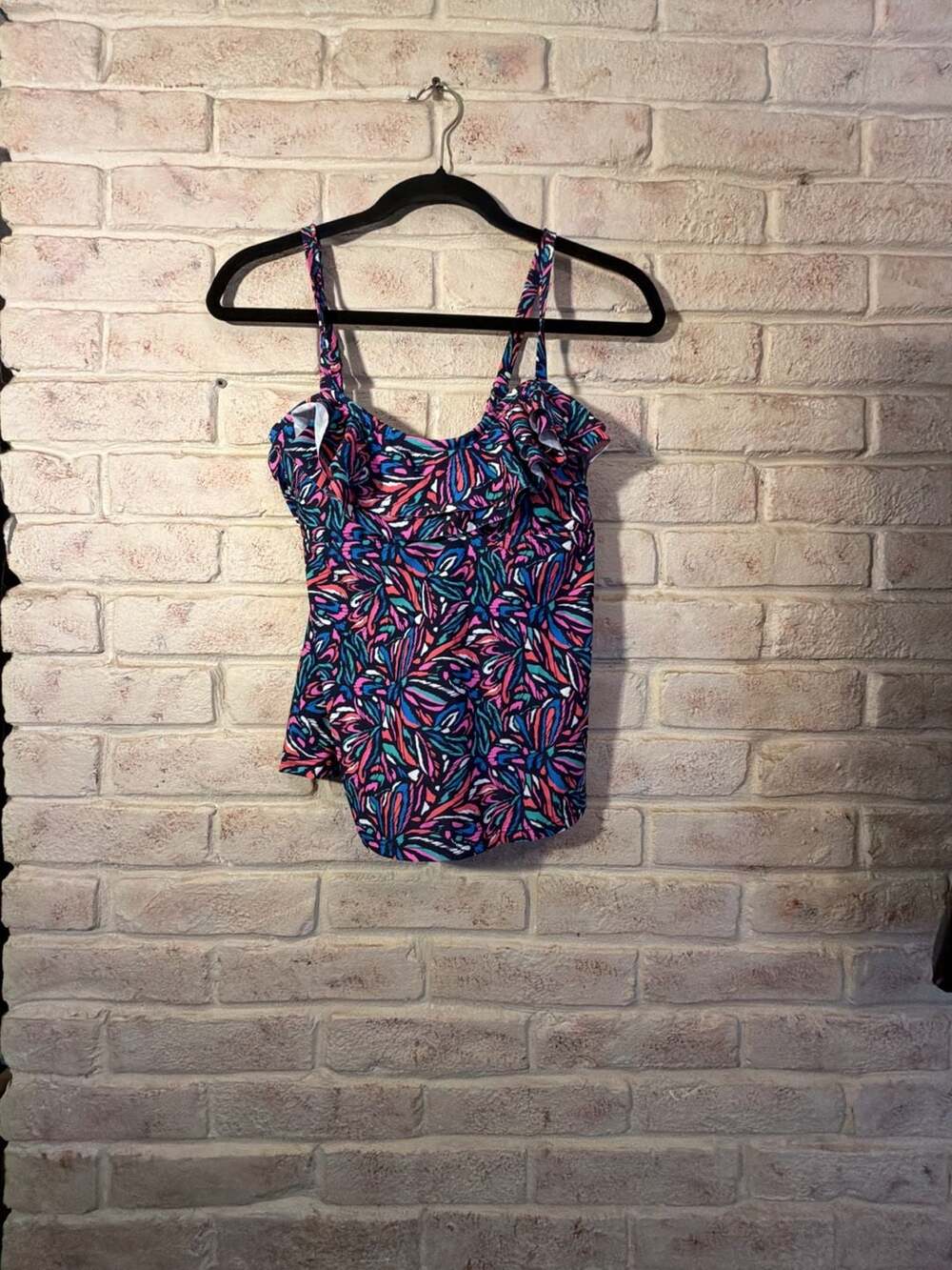 Island Escape Women's Ruffled Tankini Swim Top, Multi-Color Abstract Print
